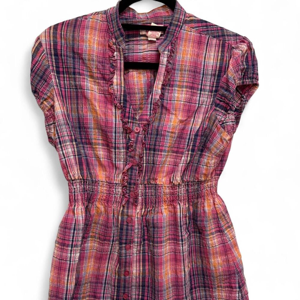 Candie's Women's Vintage Y2k Pink Multicolor Button Down Coquette Ruffle Blouse